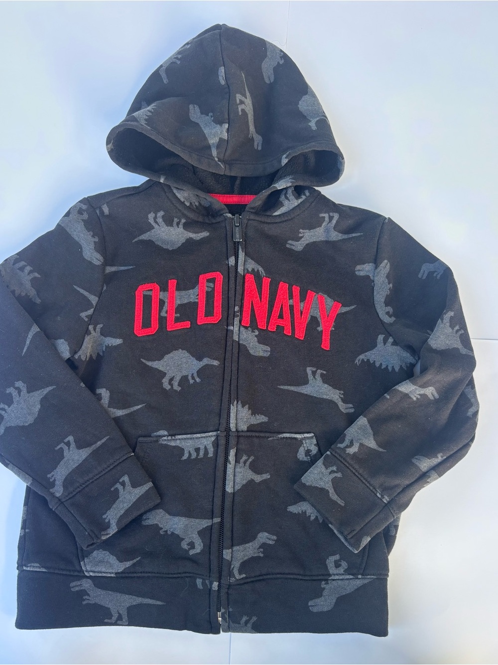 Old Navy Black Hoodie with Gray Dinosaur Pattern and Red Logo